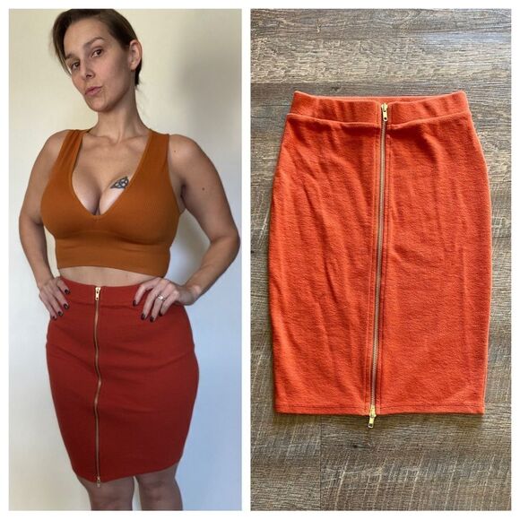 Forever 21 Ribbed Skirt Orange Gold Double Zipper Small Stretchy - Picture 5 of 9